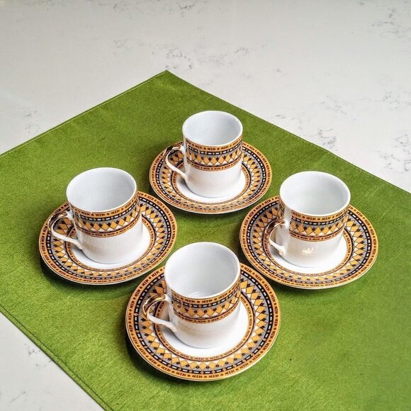 Art Deco 8-Pc Gold Grey Demitasse Cup & Saucer Set - Picture 1 of 11